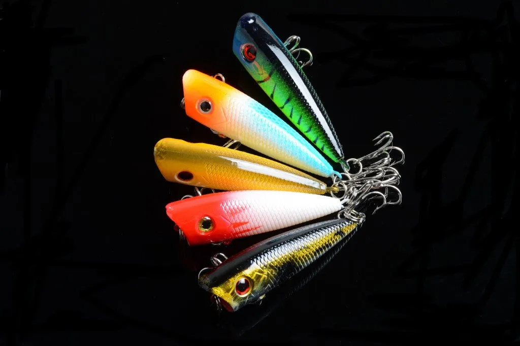 5X 6cm Popper Lures with 3D Eyes, Sharp Hooks, Fresh Saltwater