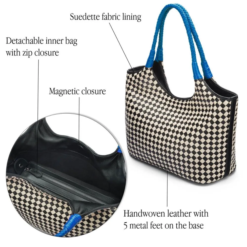 Anya Woven Leather Shoulder Bag - Mono Check With Cobalt