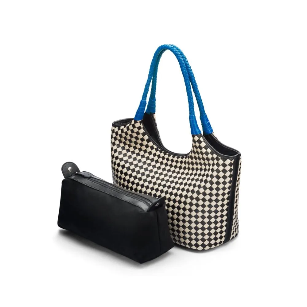 Anya Woven Leather Shoulder Bag - Mono Check With Cobalt