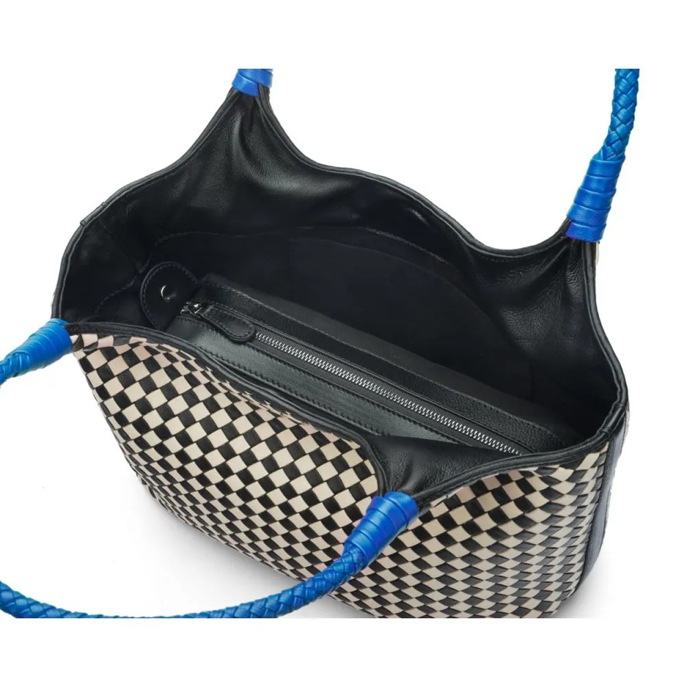 Anya Woven Leather Shoulder Bag - Mono Check With Cobalt