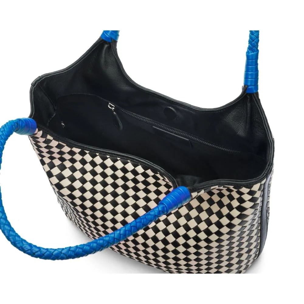 Anya Woven Leather Shoulder Bag - Mono Check With Cobalt