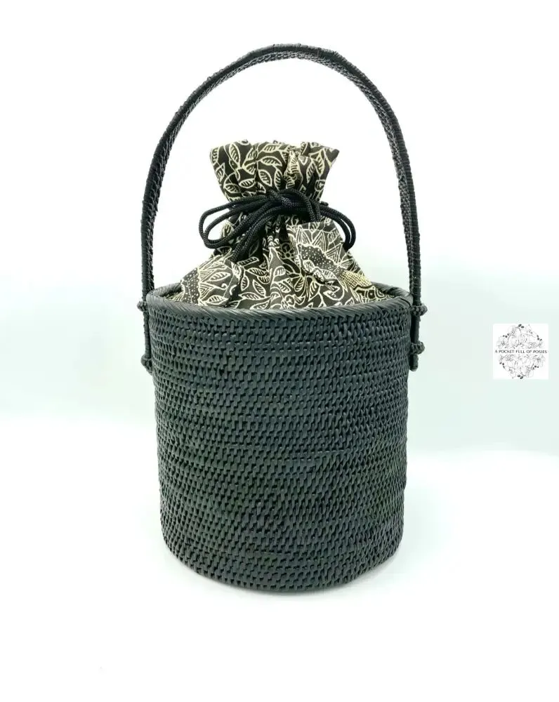 Ata Straw Bucket Bag with Handles Rattan Bag, Straw Wicker Batik Drawstring Lining