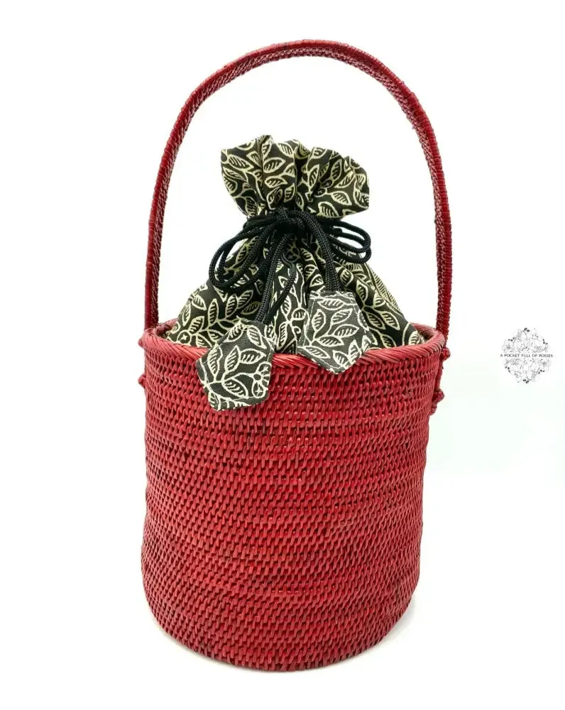 Ata Straw Bucket Bag with Handles Rattan Bag, Straw Wicker Batik Drawstring Lining