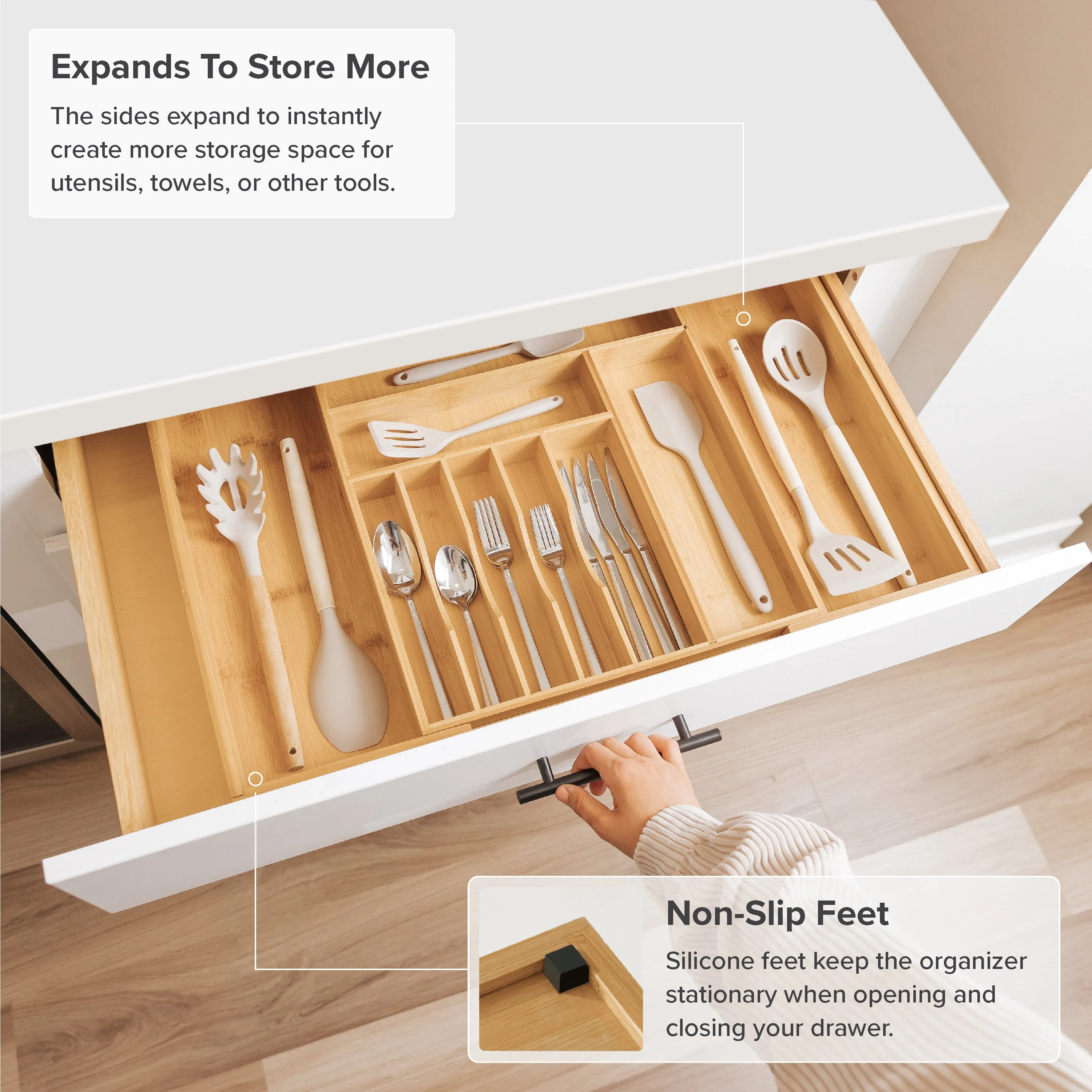 Bamboo Drawer Organizer for Silverware & Utensils (Expands 15.75-28in)