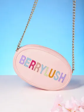 Berrylush Women Pink & Multicolour Typography Printed PU Detachable Strap Applique Embroidered Sling Bag