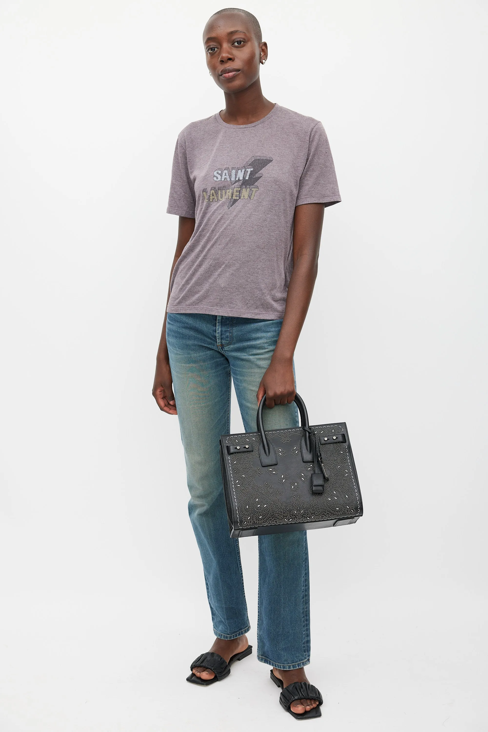 Black & Silver Leather Studded Sac De Jour Bag