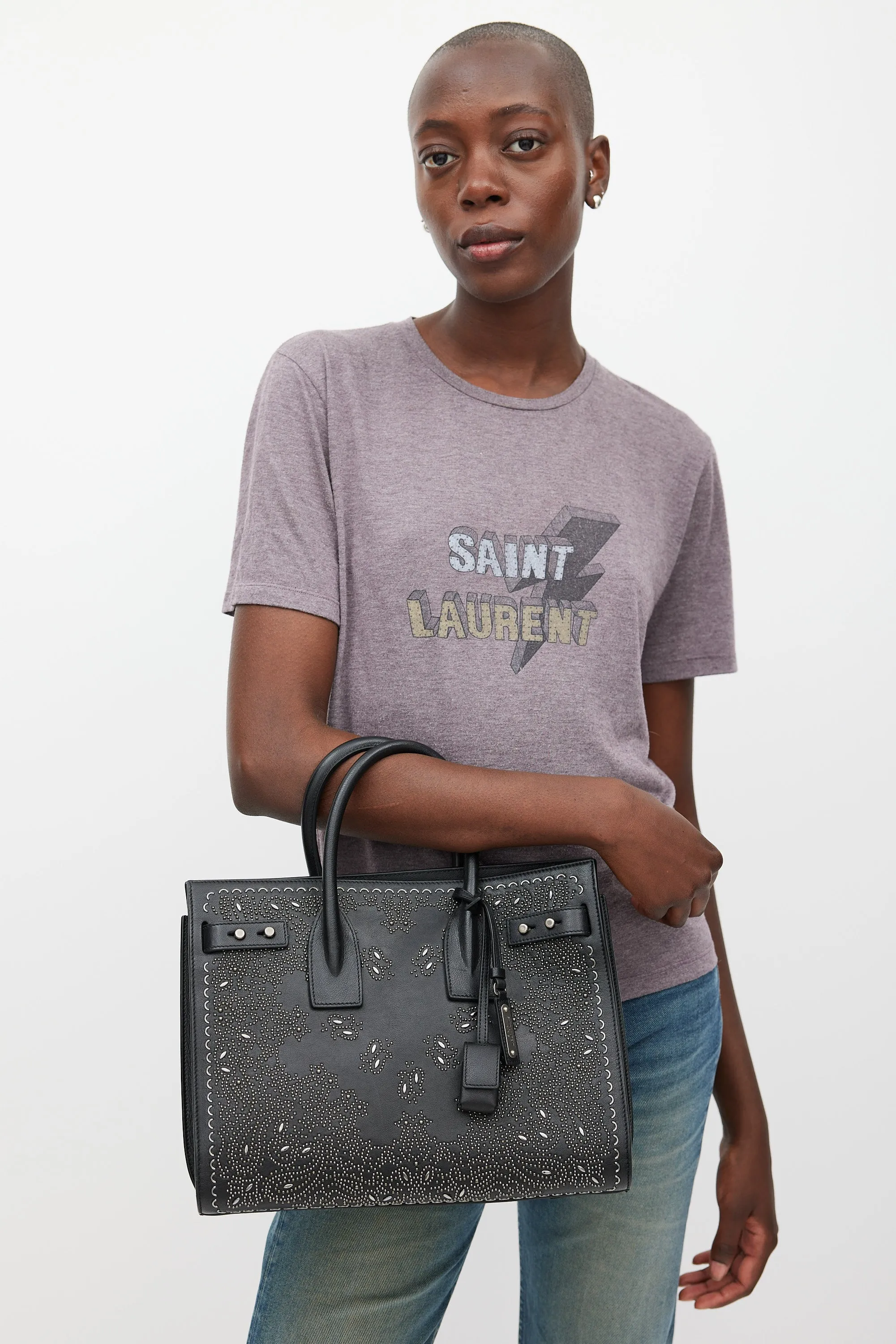 Black & Silver Leather Studded Sac De Jour Bag