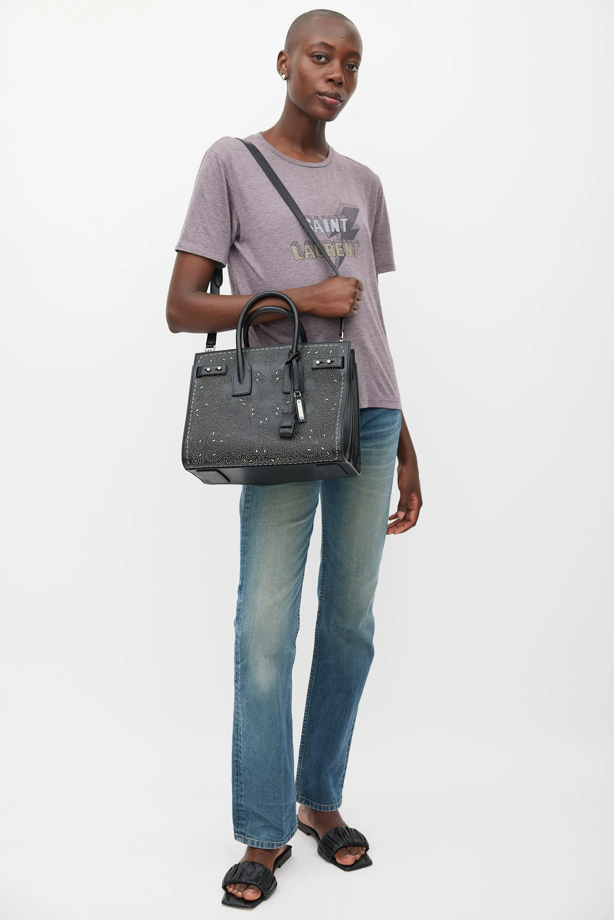 Black & Silver Leather Studded Sac De Jour Bag