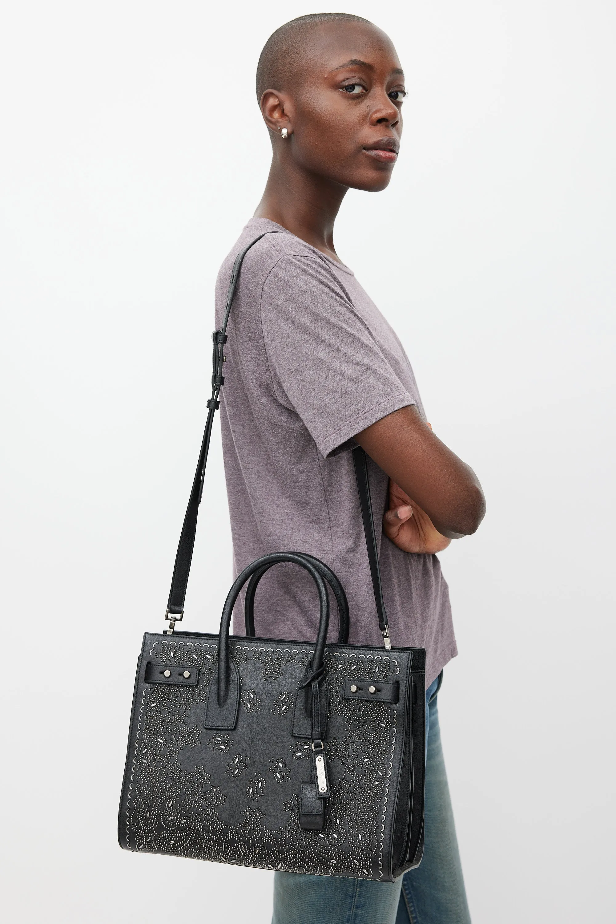 Black & Silver Leather Studded Sac De Jour Bag