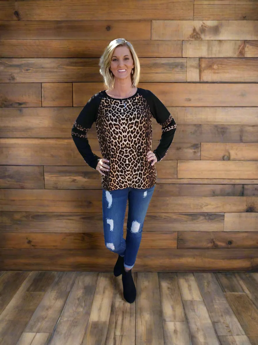 Black Raglan Sleeve Leopard Blouse