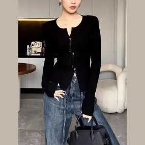 Black V-neck Sexy Y2k Women T-shirts Fahison Long Sleeve Chic Casual Solid Color Knitting Female T-shirts Streetwear