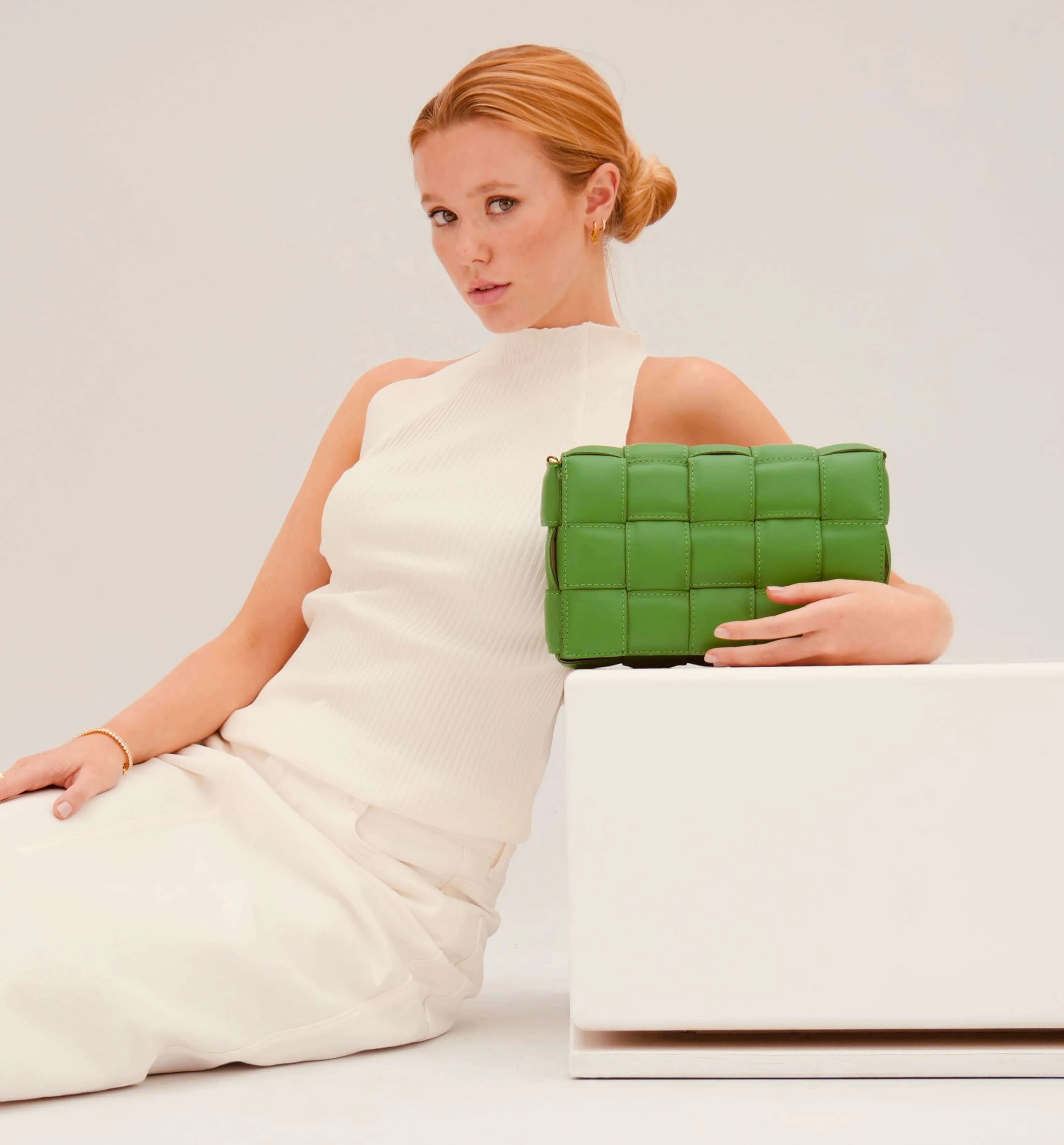 Bottega Green Padded Woven Leather Crossbody Bag