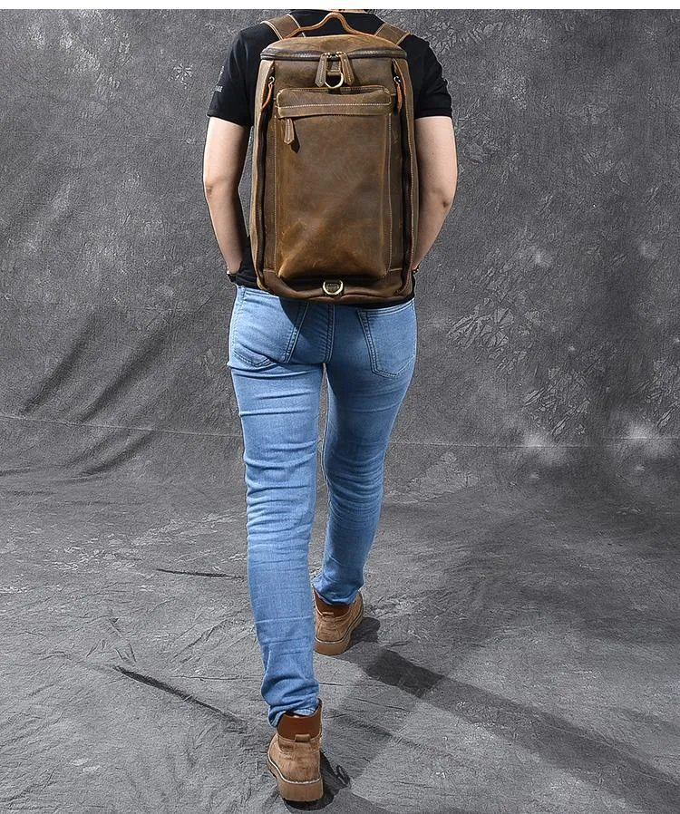 Brown Leather Mens 15" Laptop Bucket Hiking Backpack Travel Backpack Barrel Backpack for Men