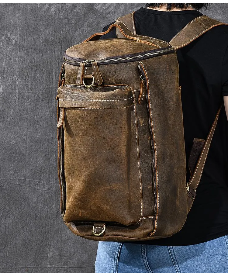 Brown Leather Mens 15" Laptop Bucket Hiking Backpack Travel Backpack Barrel Backpack for Men