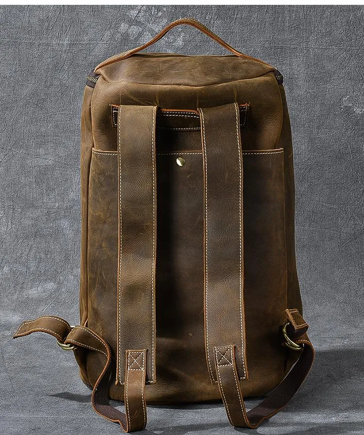 Brown Leather Mens 15" Laptop Bucket Hiking Backpack Travel Backpack Barrel Backpack for Men