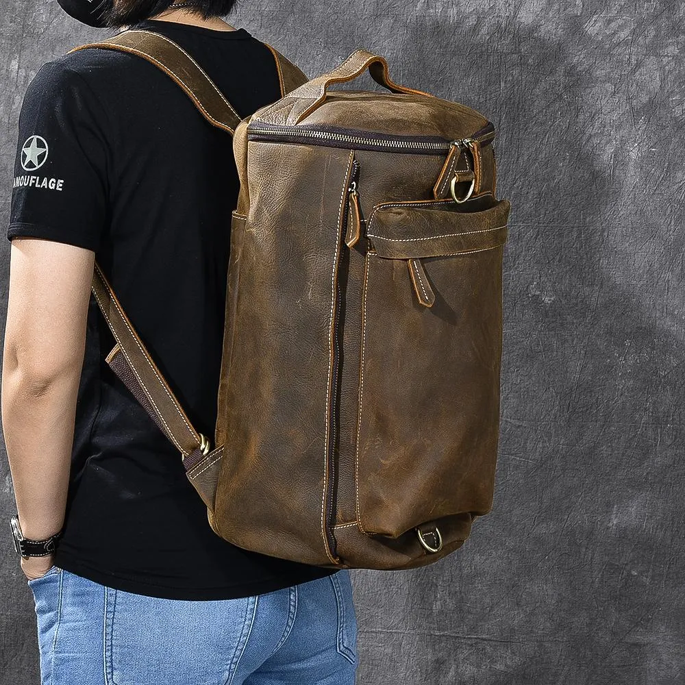 Brown Leather Mens 15" Laptop Bucket Hiking Backpack Travel Backpack Barrel Backpack for Men