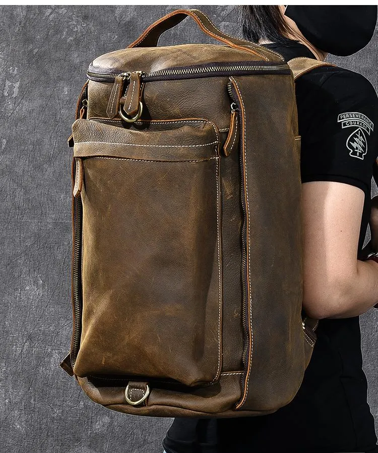 Brown Leather Mens 15" Laptop Bucket Hiking Backpack Travel Backpack Barrel Backpack for Men