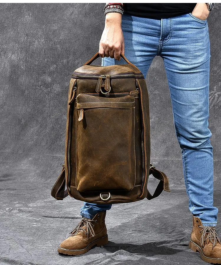 Brown Leather Mens 15" Laptop Bucket Hiking Backpack Travel Backpack Barrel Backpack for Men