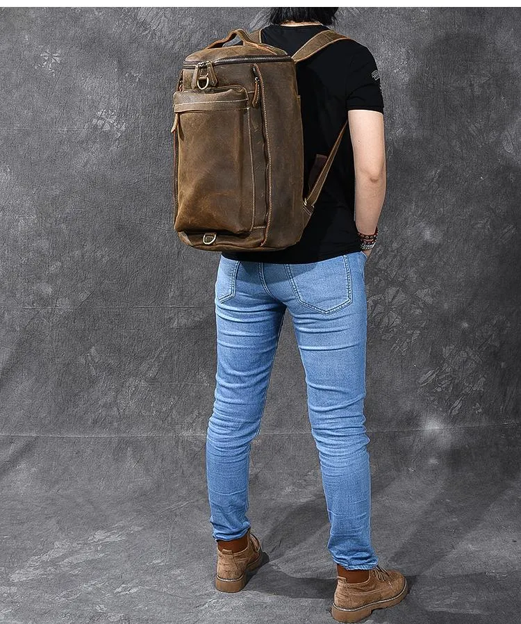Brown Leather Mens 15" Laptop Bucket Hiking Backpack Travel Backpack Barrel Backpack for Men