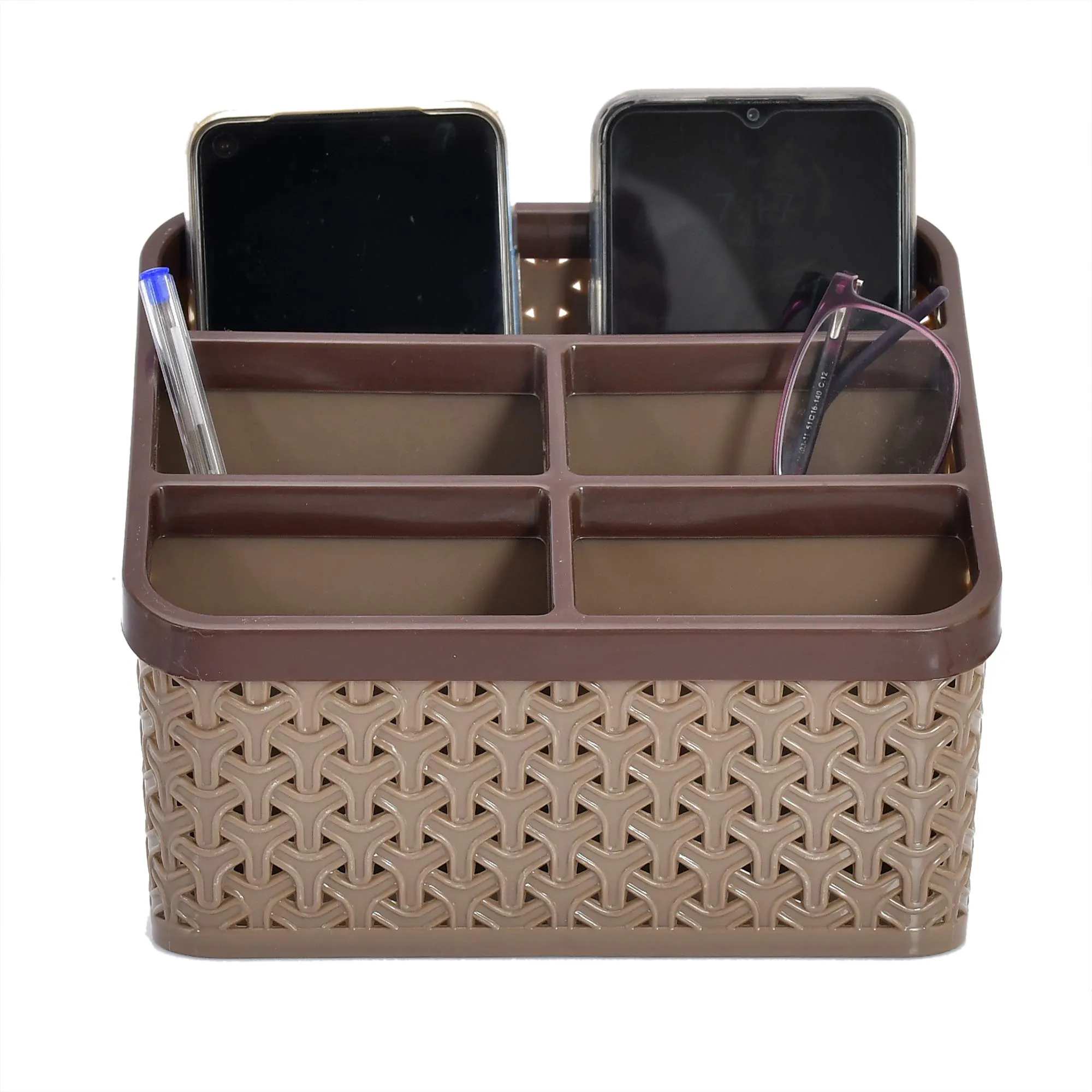 Heart Home Plastic 2 Pieces Small & Large Compact and 1 Piece Stationary Office Tray Desk Organizer Container(Set of 3, Brown)- HEART7357