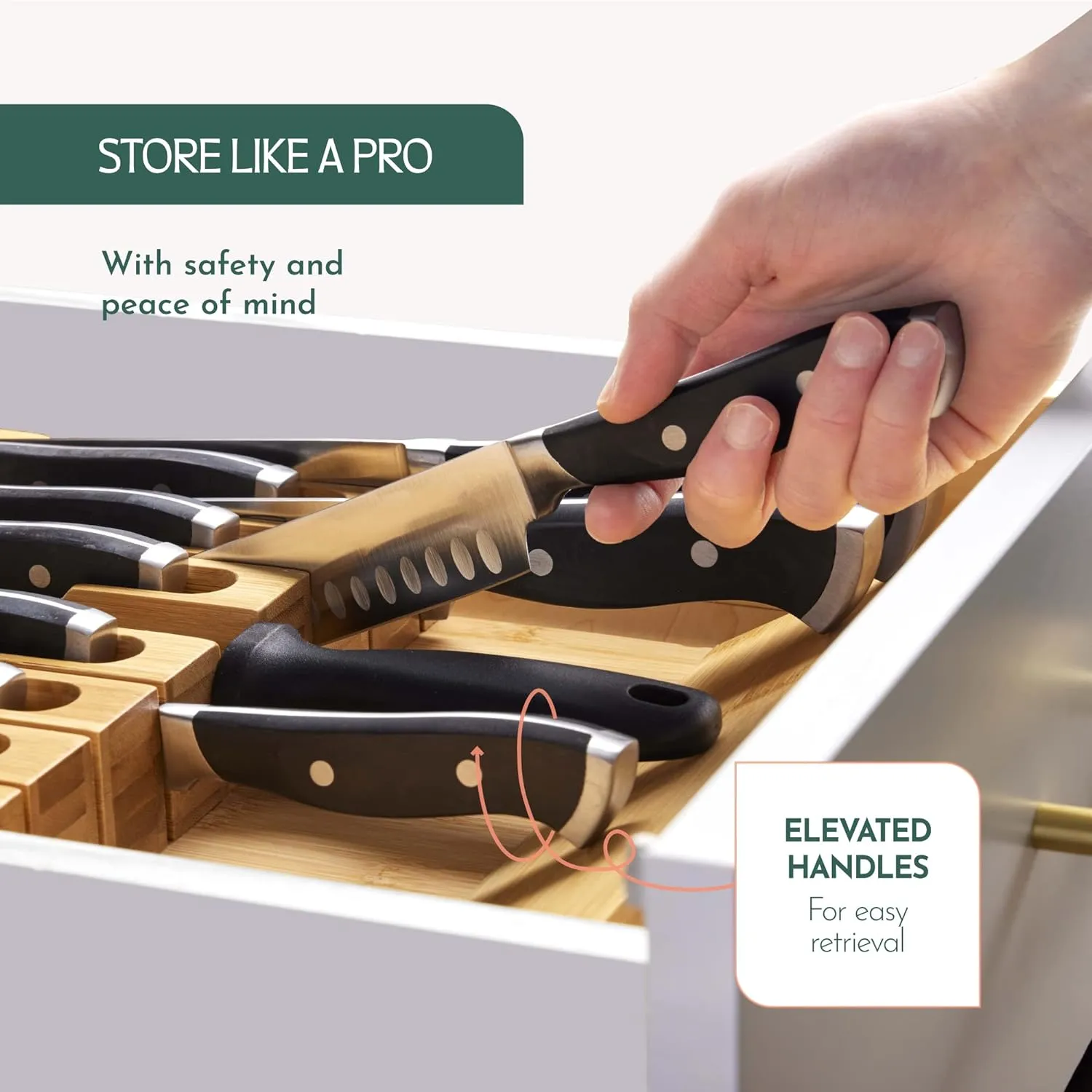 High-Grade 100% Bamboo Knife Drawer Organizer with 16 Knife Slots Plus a Sharpener Slot