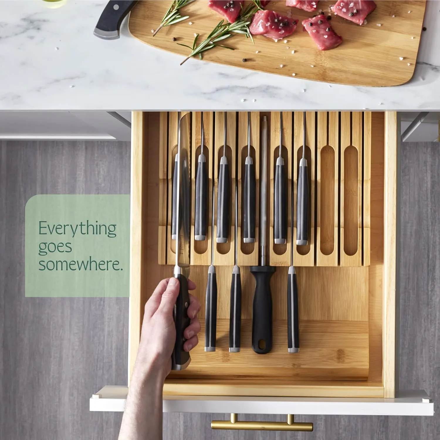 High-Grade 100% Bamboo Knife Drawer Organizer with 16 Knife Slots Plus a Sharpener Slot