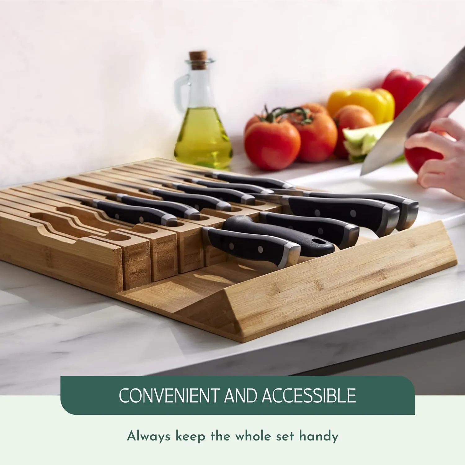 High-Grade 100% Bamboo Knife Drawer Organizer with 16 Knife Slots Plus a Sharpener Slot
