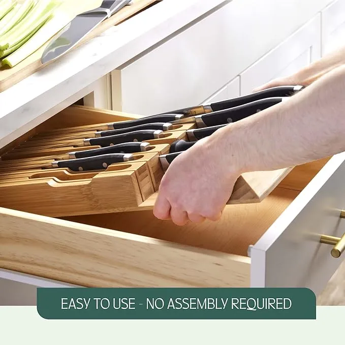High-Grade 100% Bamboo Knife Drawer Organizer with 16 Knife Slots Plus a Sharpener Slot