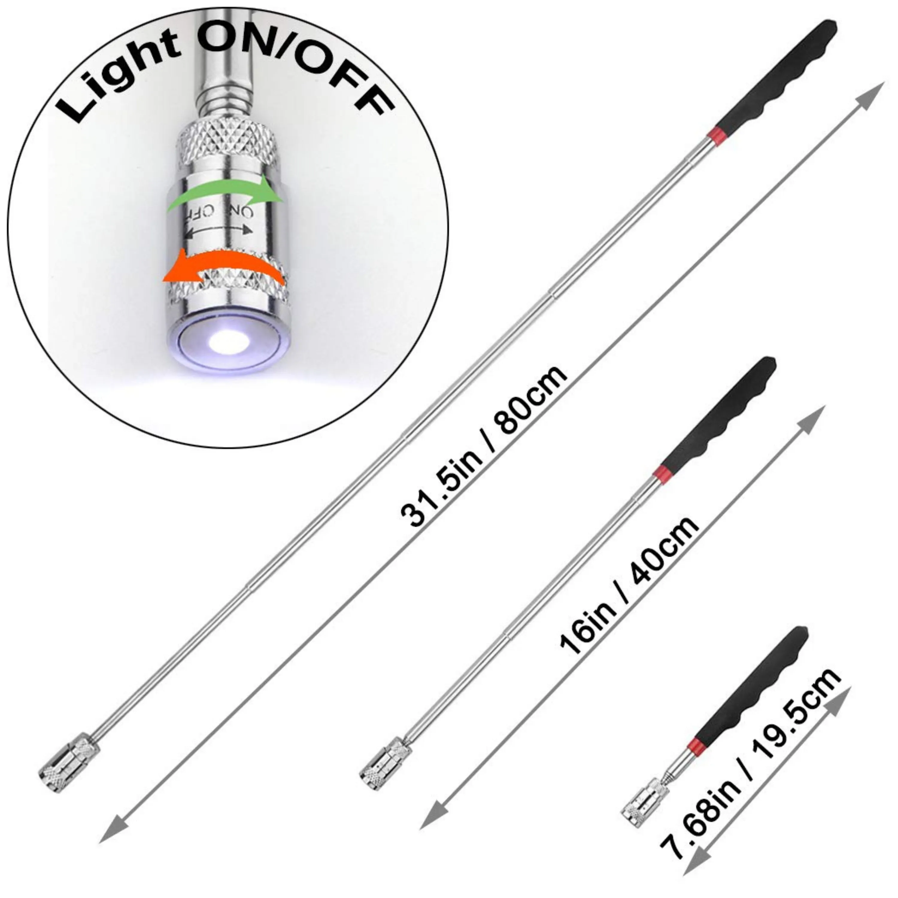 Homdum Telescopic Magnetic Pickup Tool Silicone Cushioned Handle with Pocket Clip 3.5LB Powerful Magnet Closed 7inch Fully Extended Length 30 inches for Picking Up Nuts, Bolts & Screws With LED Light.