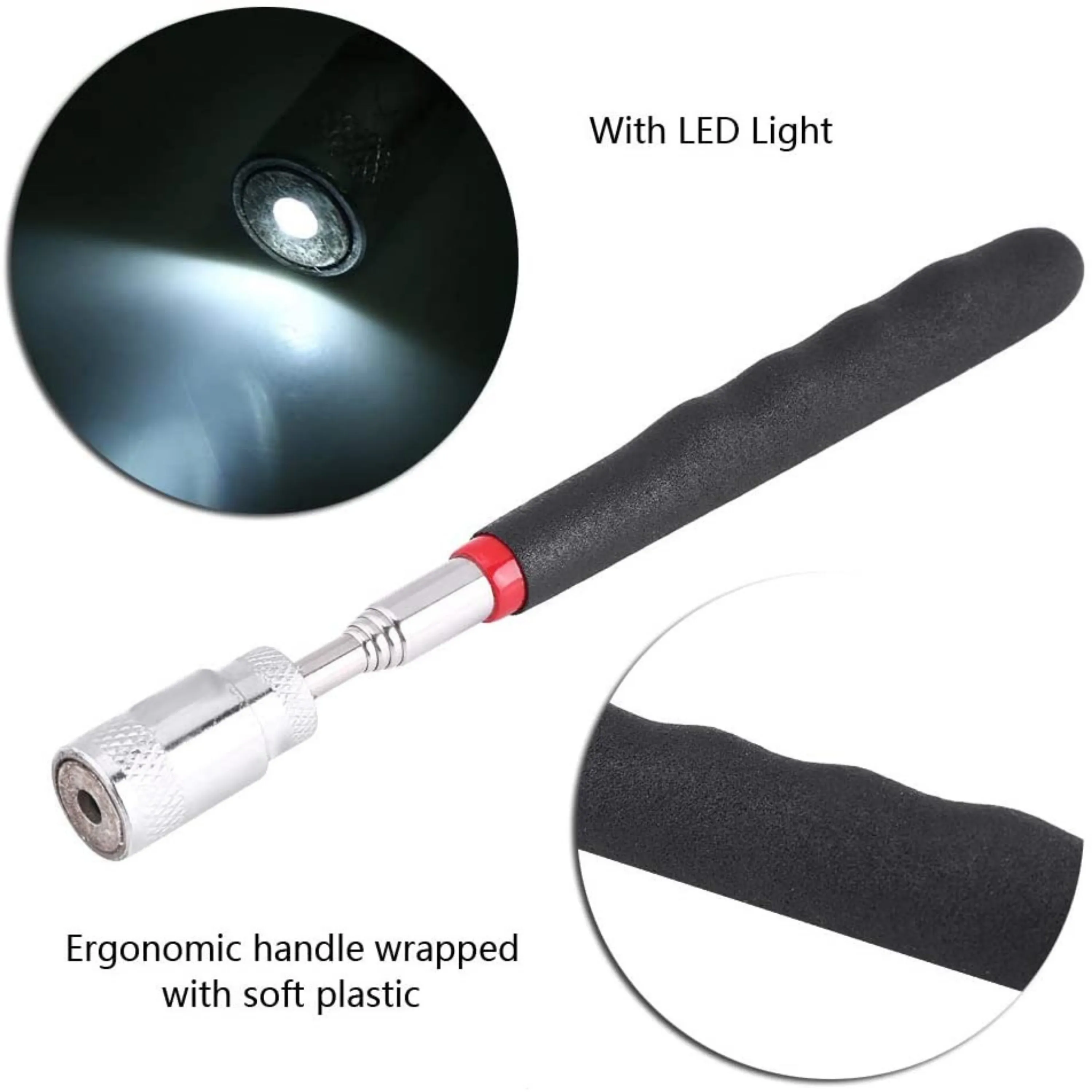 Homdum Telescopic Magnetic Pickup Tool Silicone Cushioned Handle with Pocket Clip 3.5LB Powerful Magnet Closed 7inch Fully Extended Length 30 inches for Picking Up Nuts, Bolts & Screws With LED Light.