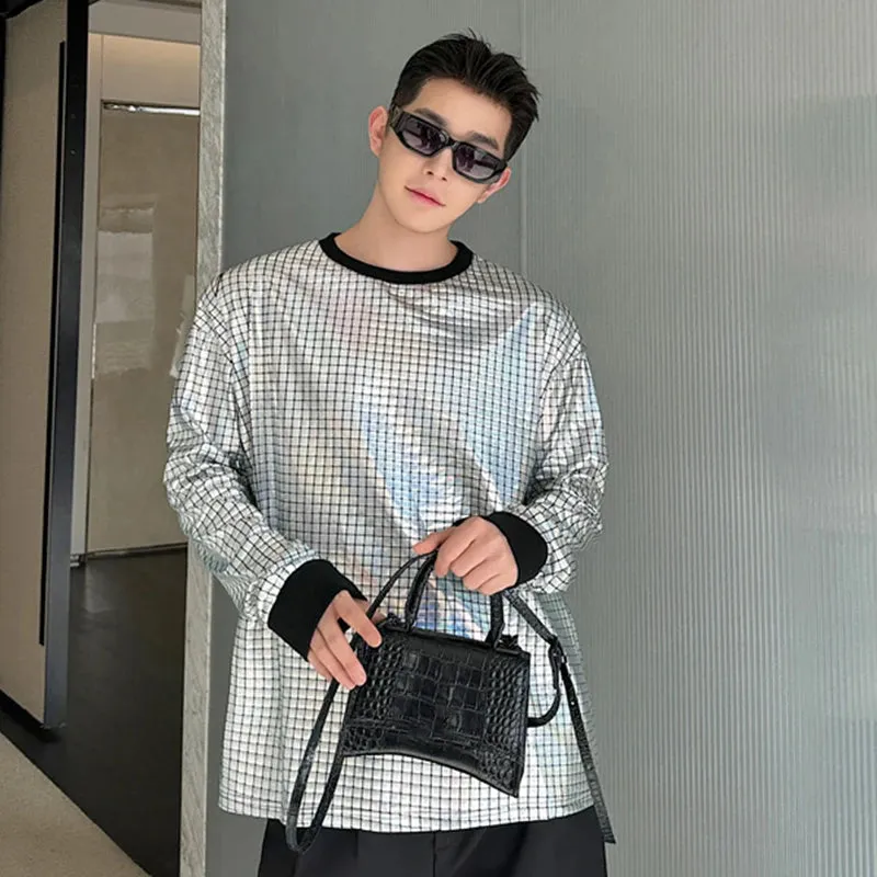 Korean Men's Round Collar T-shirt Fashion Bright Face Design Plaid Trend Long Sleeve T-shirts Pullover Top Trend 9C5122