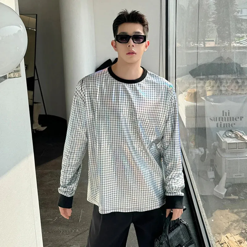 Korean Men's Round Collar T-shirt Fashion Bright Face Design Plaid Trend Long Sleeve T-shirts Pullover Top Trend 9C5122