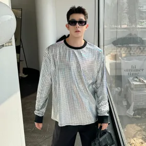 Korean Men's Round Collar T-shirt Fashion Bright Face Design Plaid Trend Long Sleeve T-shirts Pullover Top Trend 9C5122