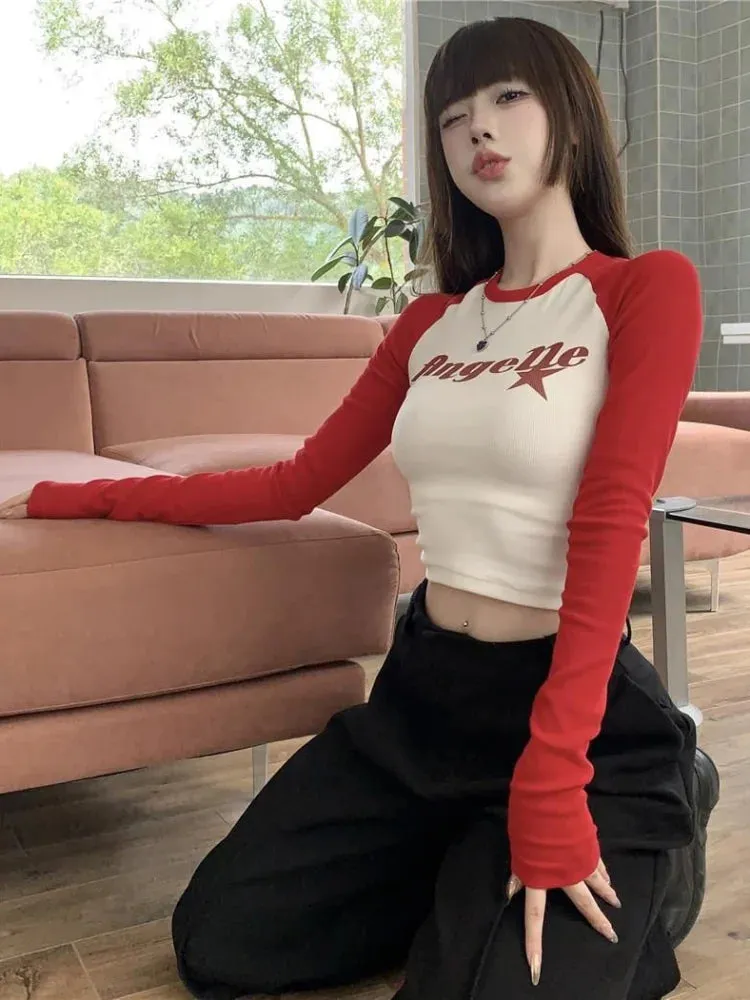 Korean Style Y2k Letter Print T-shirt Women Spring Long Sleeve Patchwork Fashion Retro Cropped Tops Hot Girl Skinny