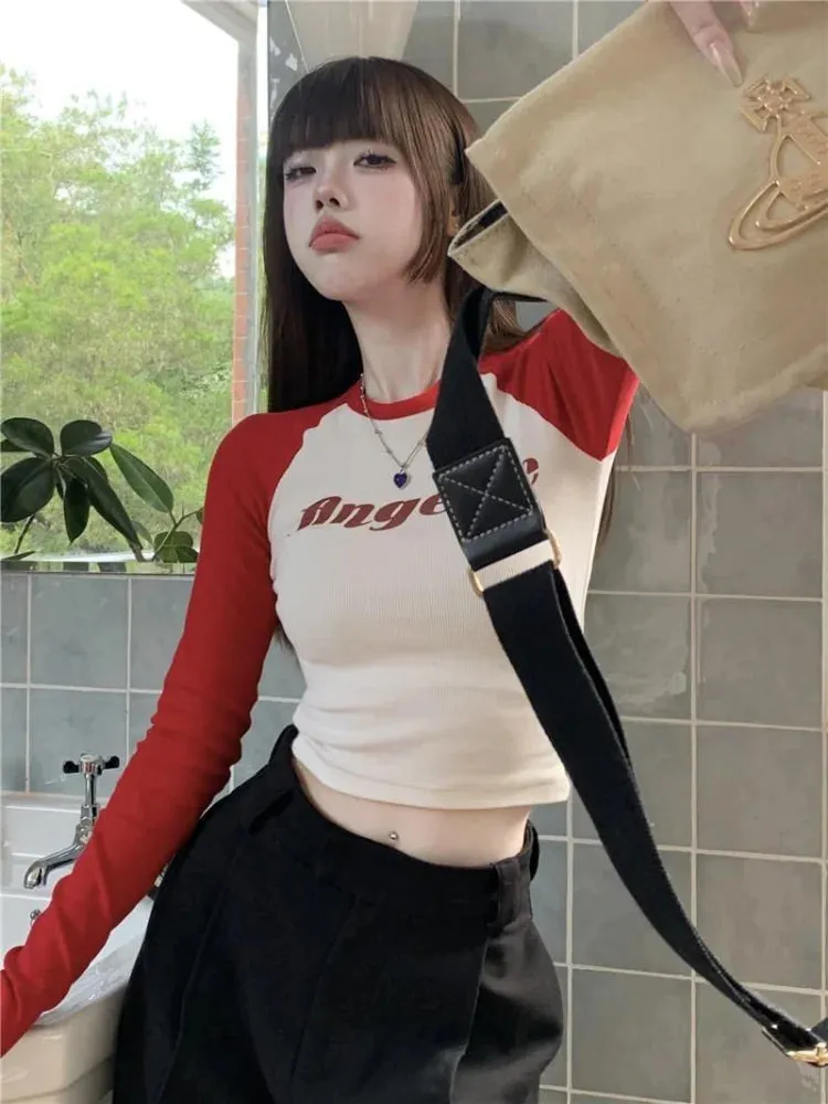 Korean Style Y2k Letter Print T-shirt Women Spring Long Sleeve Patchwork Fashion Retro Cropped Tops Hot Girl Skinny