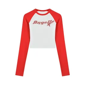 Korean Style Y2k Letter Print T-shirt Women Spring Long Sleeve Patchwork Fashion Retro Cropped Tops Hot Girl Skinny