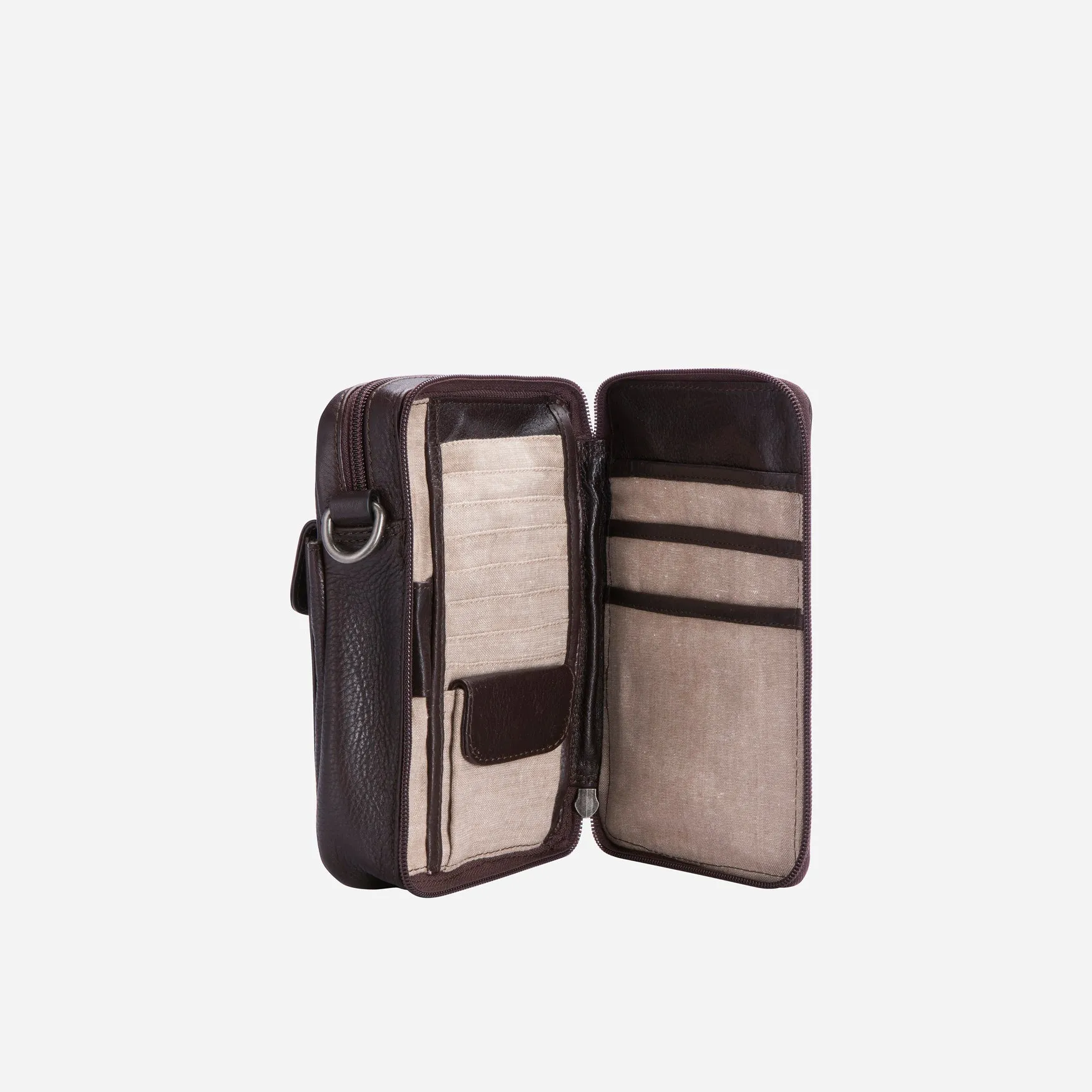 Leather Organiser Bag with Hand Strap, Brown