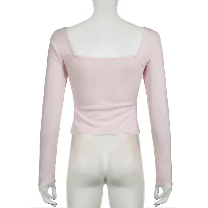 Metaversmall Hotsweet Square Neck Bow Autumn T shirts for Women Pink Folds Lace Trim Korean Fashion Tee Top Coquette Clothes Cute