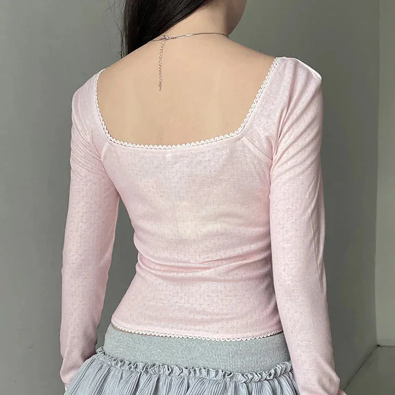Metaversmall Hotsweet Square Neck Bow Autumn T shirts for Women Pink Folds Lace Trim Korean Fashion Tee Top Coquette Clothes Cute