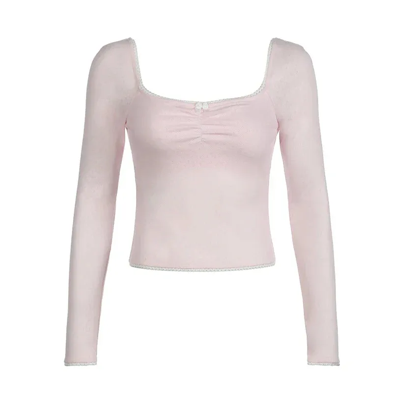 Metaversmall Hotsweet Square Neck Bow Autumn T shirts for Women Pink Folds Lace Trim Korean Fashion Tee Top Coquette Clothes Cute