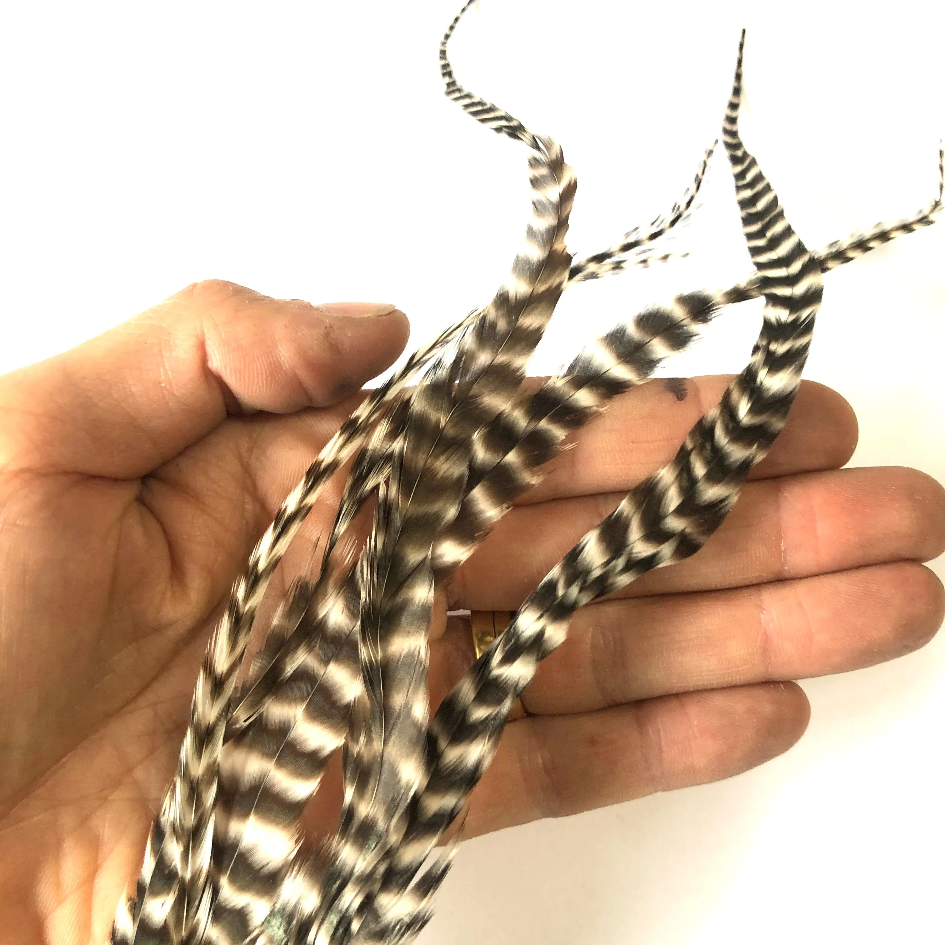 Natural Hair Grizzly Rooster Feather Extensions & Micro Beads x 5 pcs - 6-8" Short
