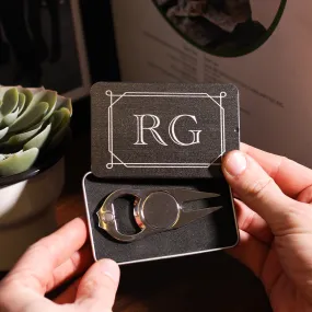 Personalised Initials Golf Divot Multi Tool And Golf Marker Tin Gift For Dad