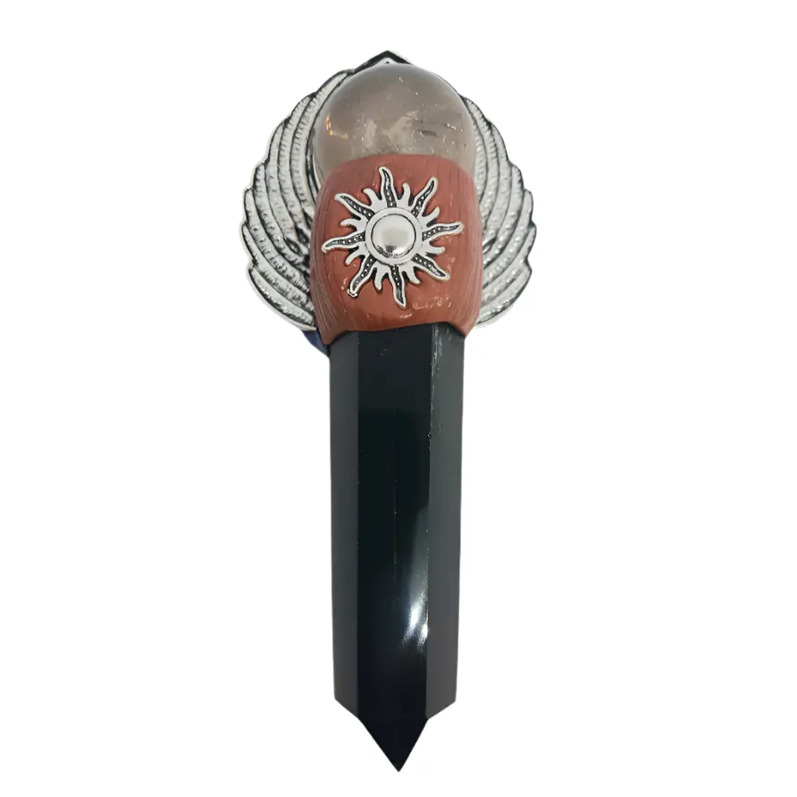 Smoky Quartz and Obsidian Crystal Wand