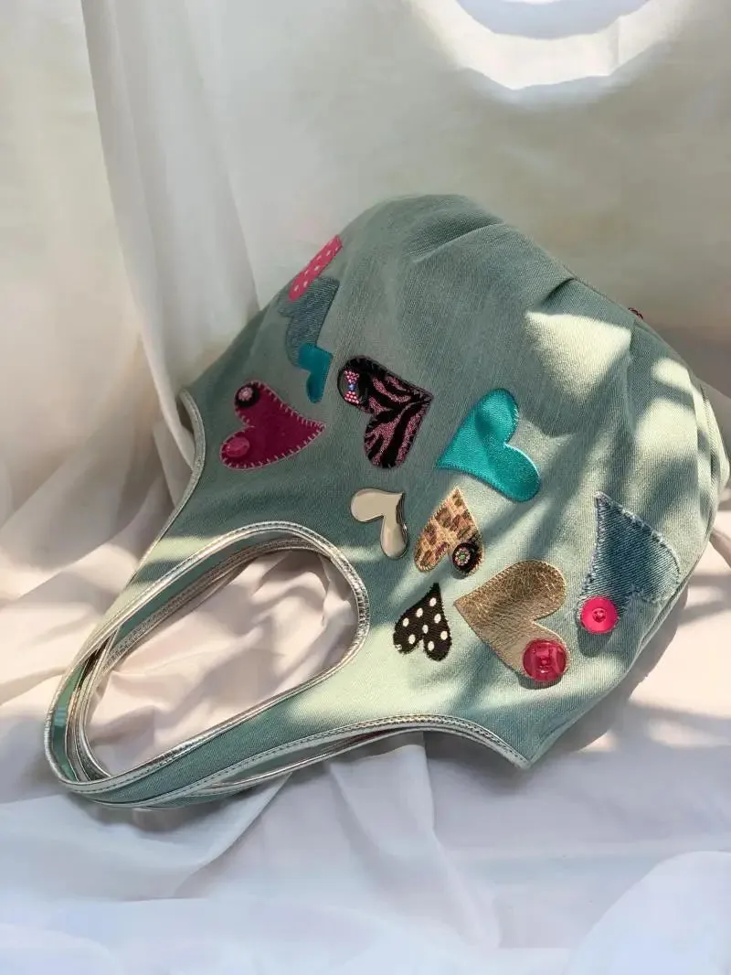 Sohiwoo Heart Y2k Bucket Bag Purse Women Fairy Core Casual Denim Bag Female Harajuku Sweet Cool Handle Underarm Bag Aesthetic