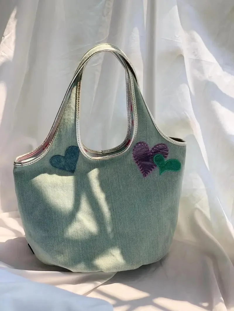 Sohiwoo Heart Y2k Bucket Bag Purse Women Fairy Core Casual Denim Bag Female Harajuku Sweet Cool Handle Underarm Bag Aesthetic