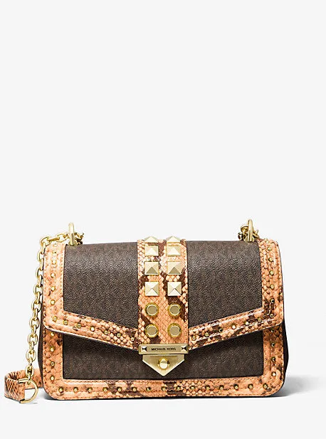 SoHo Large Studded Snake Embossed Leather and Logo Shoulder Bag