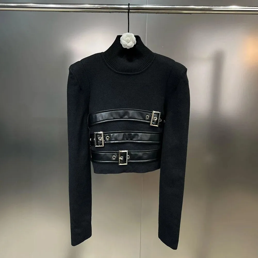 Solid Patchwork Belt Knitting Sweaters For Women Stand Collar Long Sleeve Temperament Slim Pullover Sweater Female