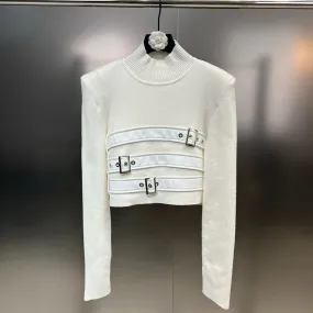 Solid Patchwork Belt Knitting Sweaters For Women Stand Collar Long Sleeve Temperament Slim Pullover Sweater Female