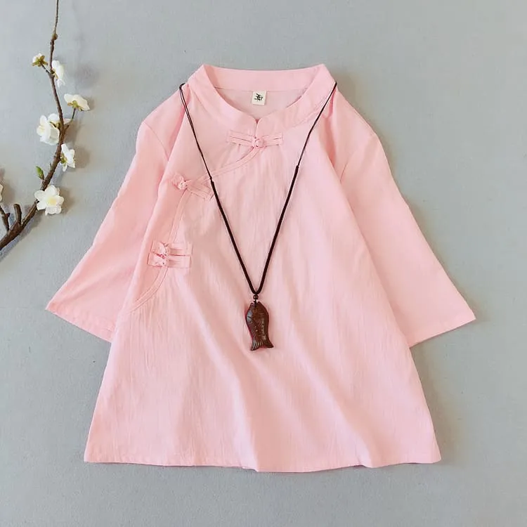 Solid Qipao Blouse with Short Sleeves