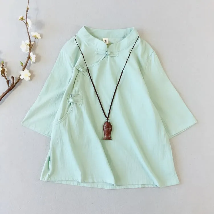 Solid Qipao Blouse with Short Sleeves